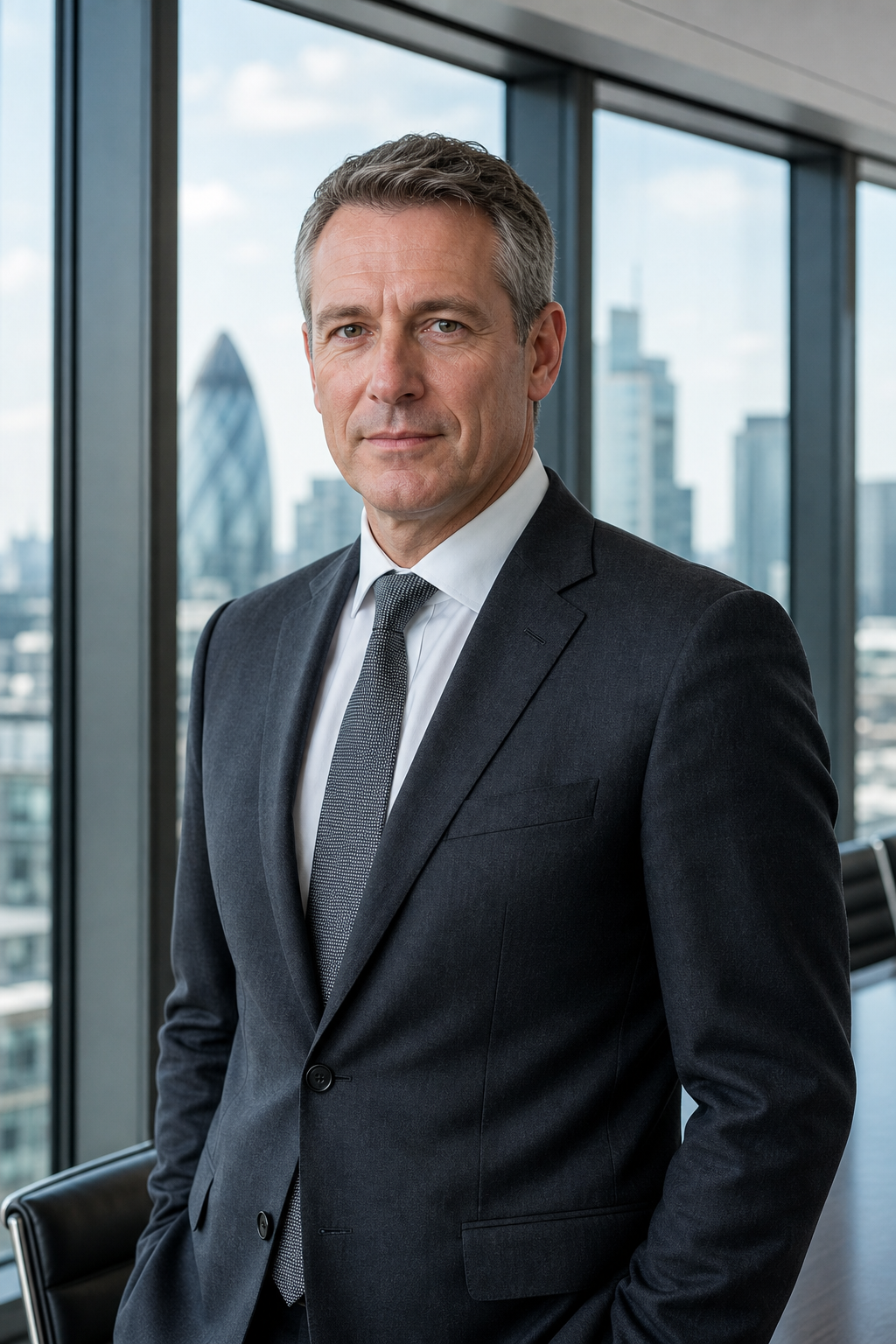 Professional portrait of Daniel Whitmore, a white British man in a charcoal suit standing beside glass boardroom windows