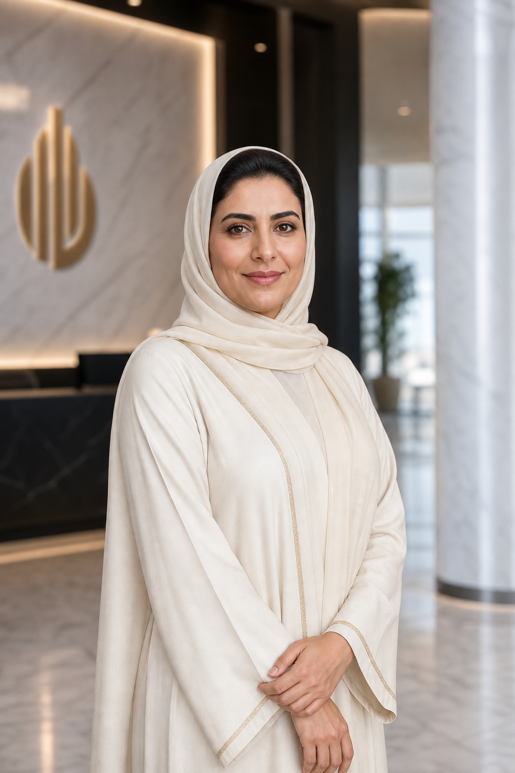 Professional portrait of Leila Al Nuaimi, an Emirati woman wearing a tailored cream abaya in a bright corporate lobby