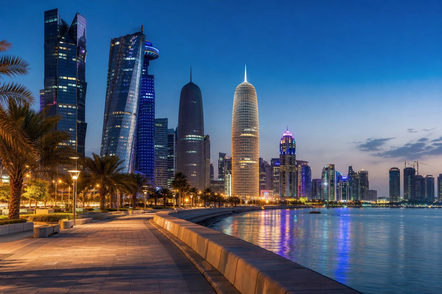 Evening Doha skyline with modern towers, illuminated waterfront promenade and business district atmosphere