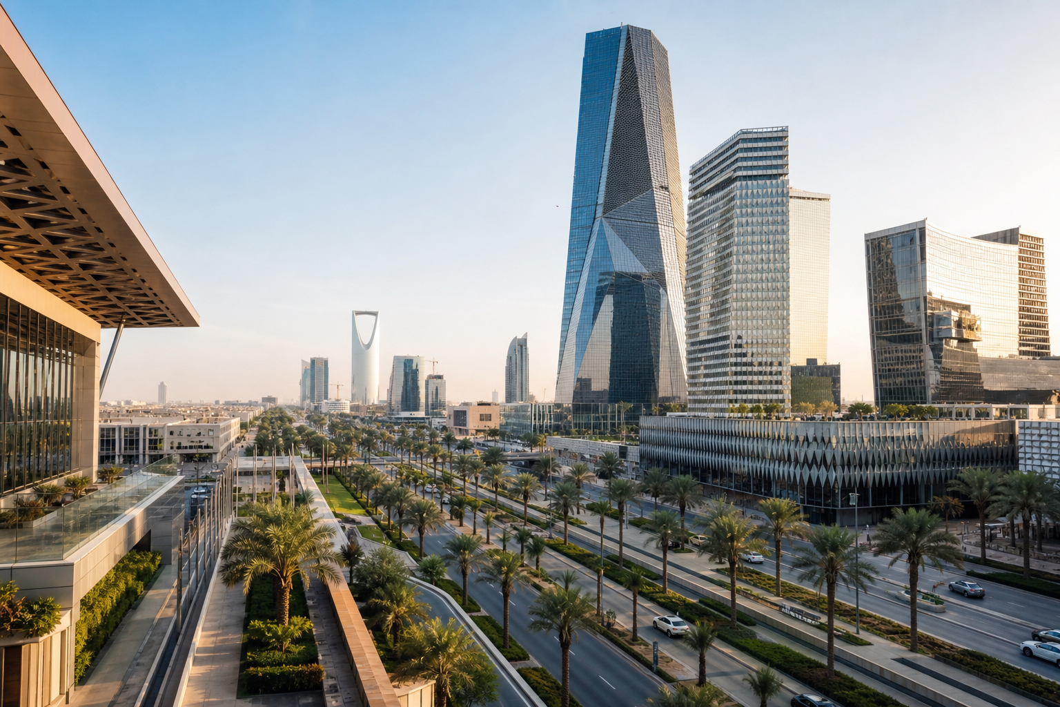 Contemporary Saudi Arabian business district skyline with modern towers, transport links, and a premium corporate atmosphere at warm daylight