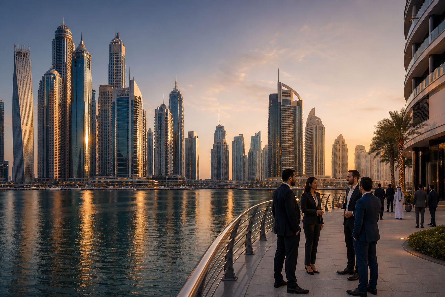 Evening view of Dubai business district skyline with illuminated modern towers, a waterfront promenade, and professionals meeting in a premium corporate environment
