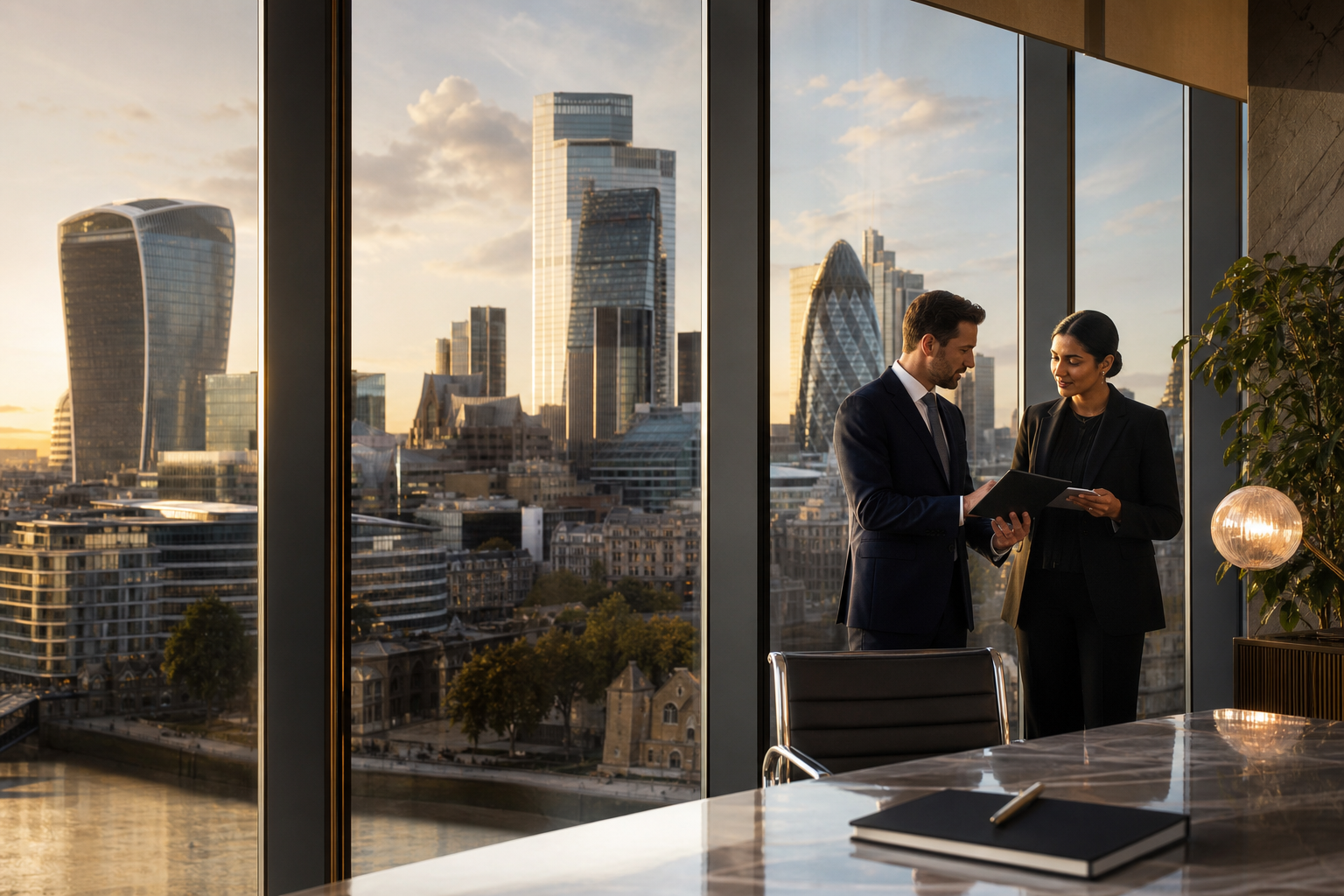 Contemporary London skyline at golden hour with professionals in a glass-fronted office overlooking the city