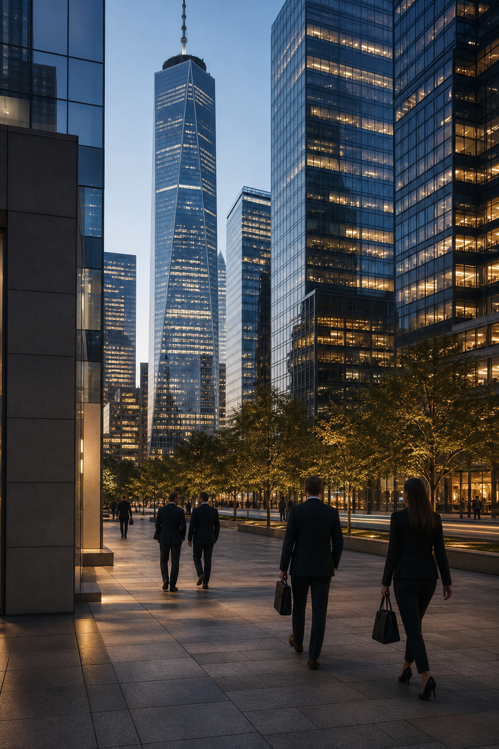 Evening view of a modern United States financial district skyline with glass office towers, warm interior lights, and professionals crossing a landscaped business plaza