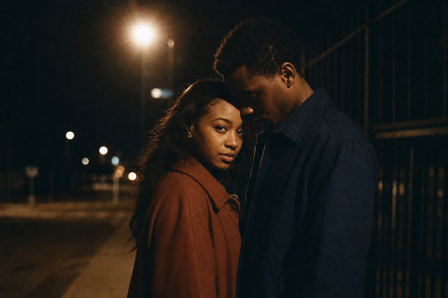 intimate 35mm evening portrait of a couple under streetlights with deep shadows