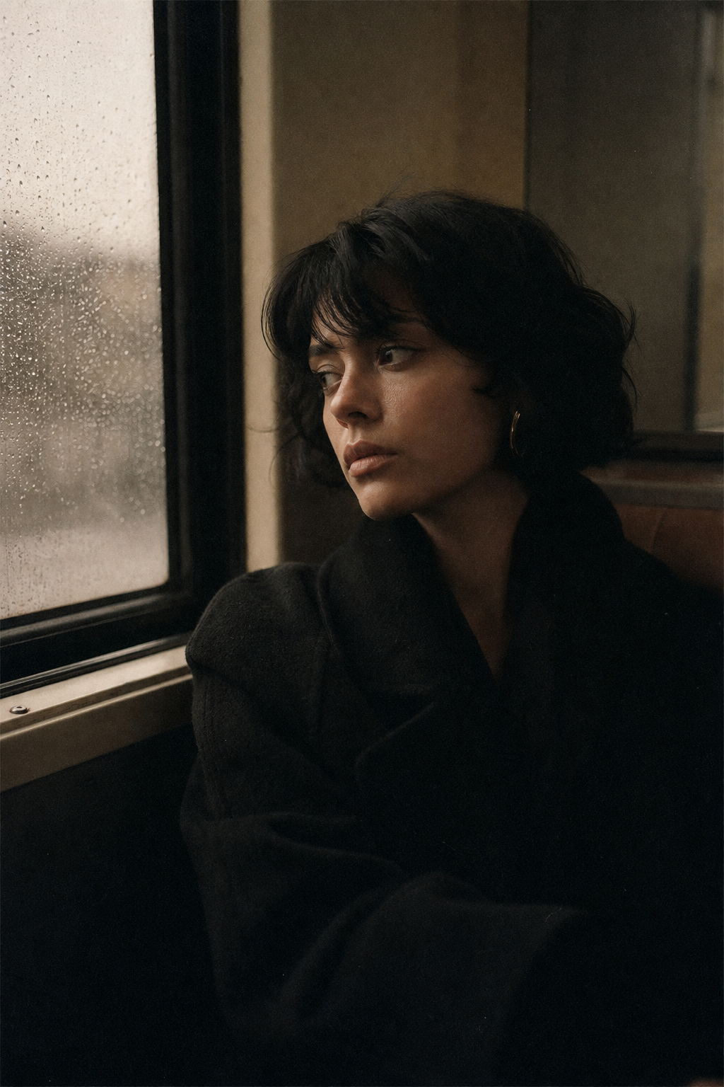 35mm portrait of a woman seated by a window with soft side light and natural grain