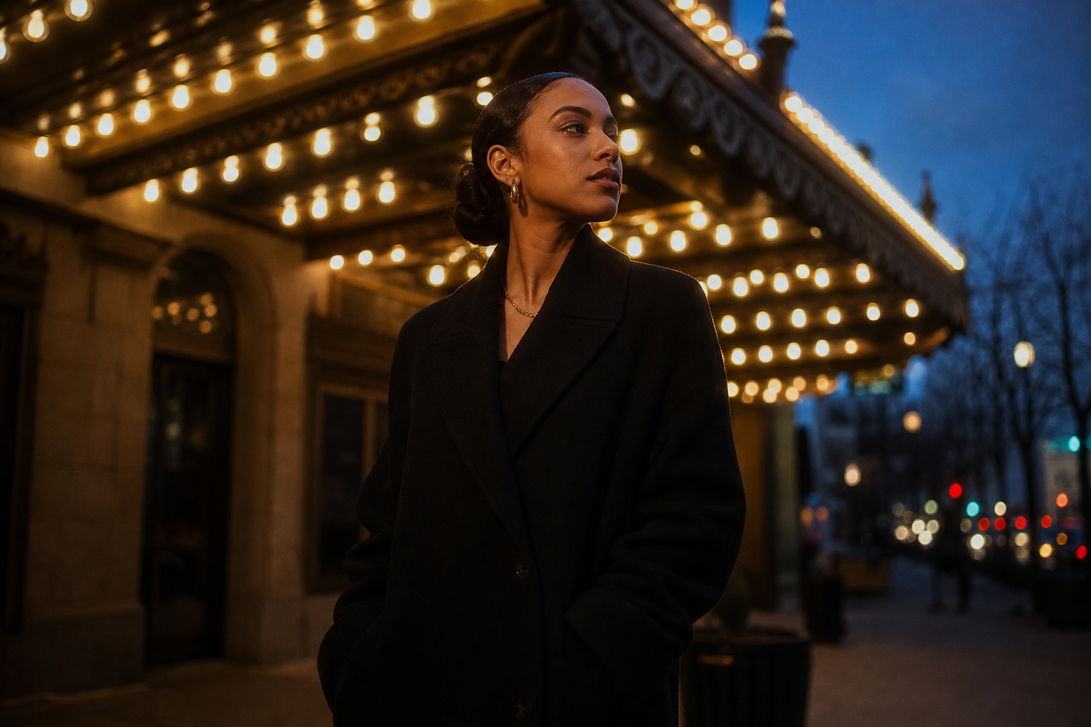 Cinematic portrait of a woman in a structured black coat standing under theater marquee lights at dusk