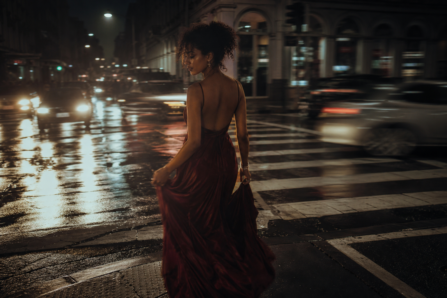 Lifestyle street frame of a woman in a burgundy dress crossing a wet city intersection with blurred headlights