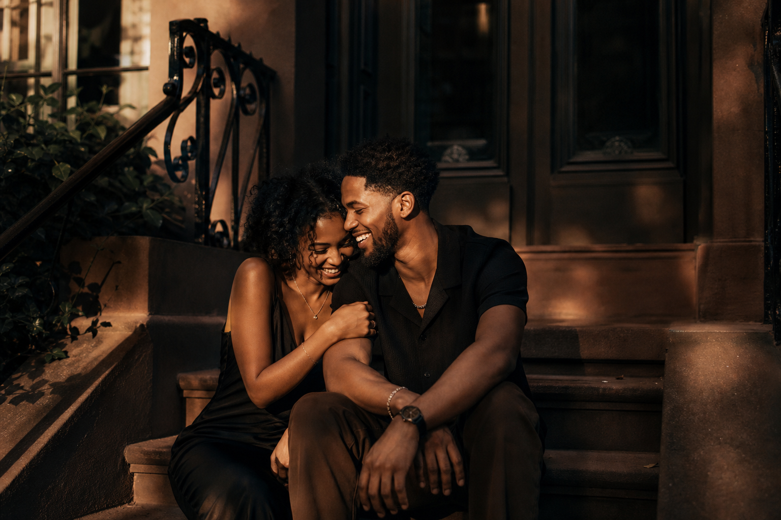 Intimate lifestyle moment of a couple sharing a quiet laugh on a brownstone stoop at golden hour