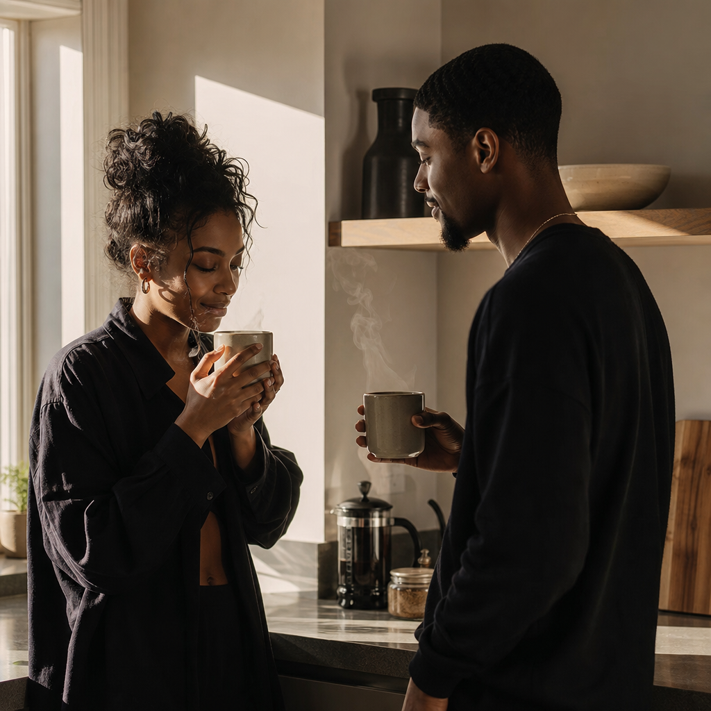 Quiet lifestyle frame of a couple in a sunlit kitchen with warm steam rising from coffee mugs