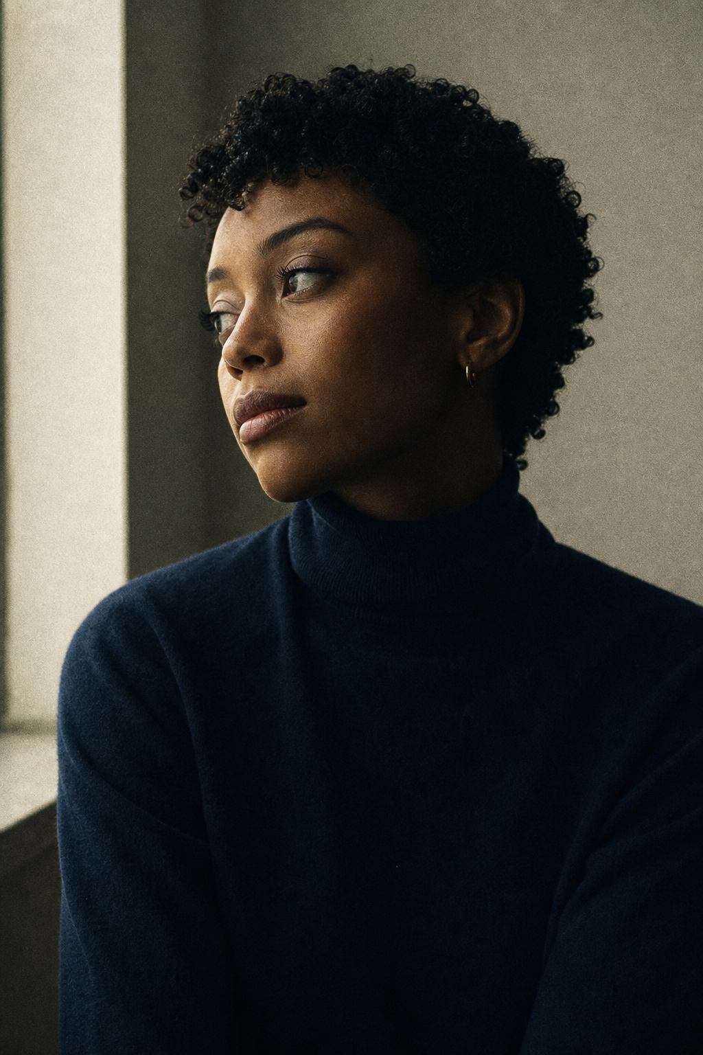 35mm-inspired portrait of a woman with short curls in a navy turtleneck, visible grain, and muted tones
