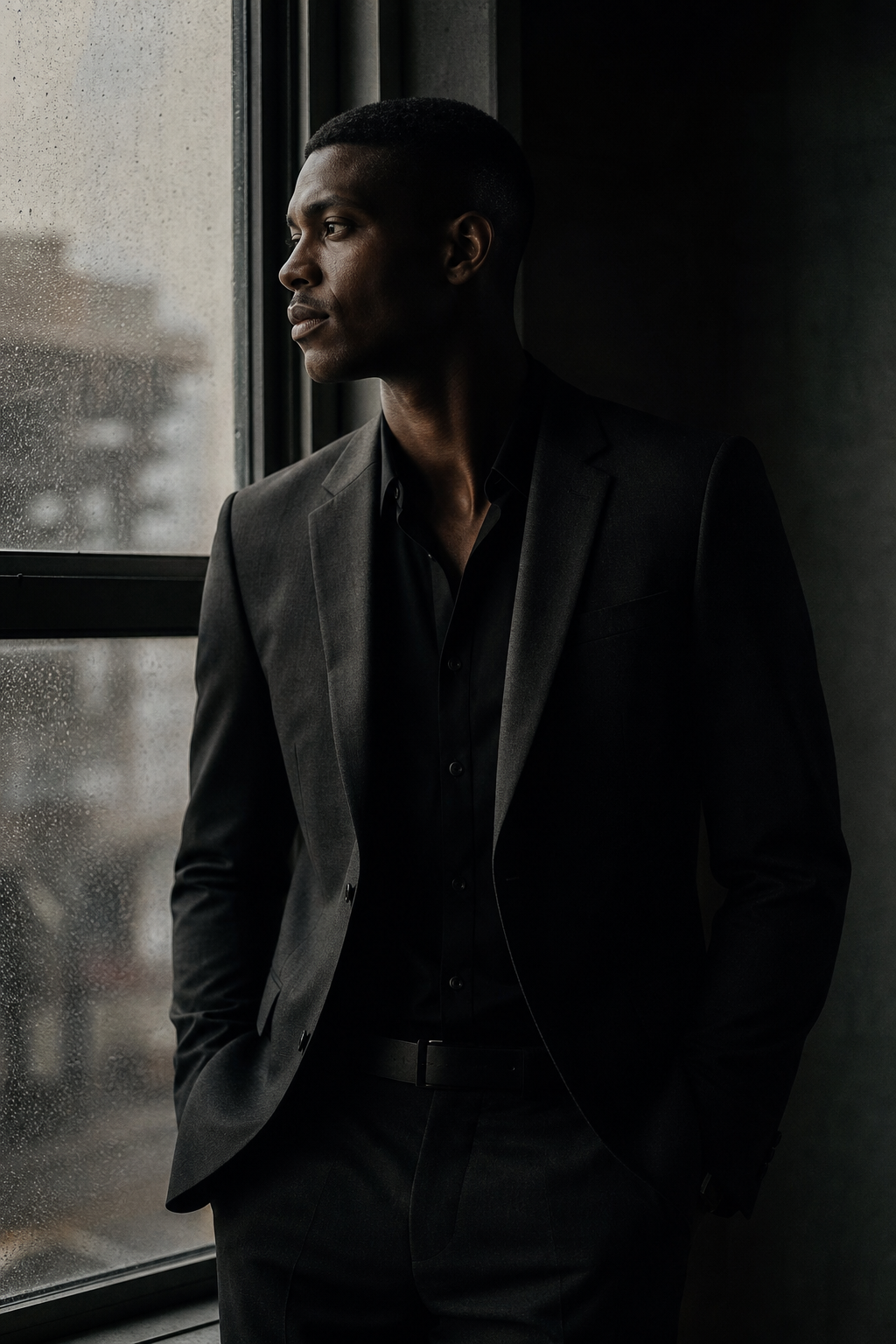 Moody portrait of a tall man in a charcoal suit framed by a rain-streaked window with soft side light