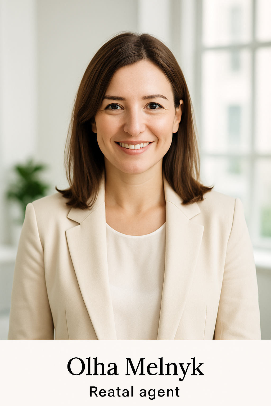 Portrait of Olha Melnyk, Kyiv real estate agent, smiling warmly in a bright modern office
