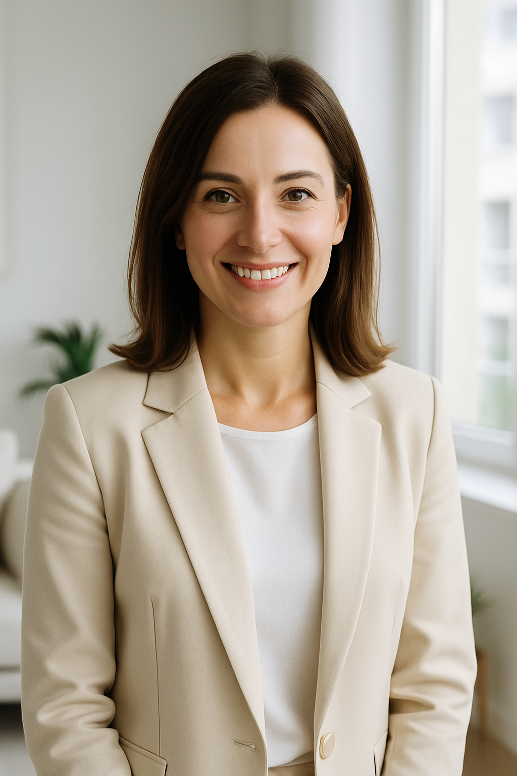 Olha Melnyk, Kyiv real estate agent, smiling in a bright modern apartment