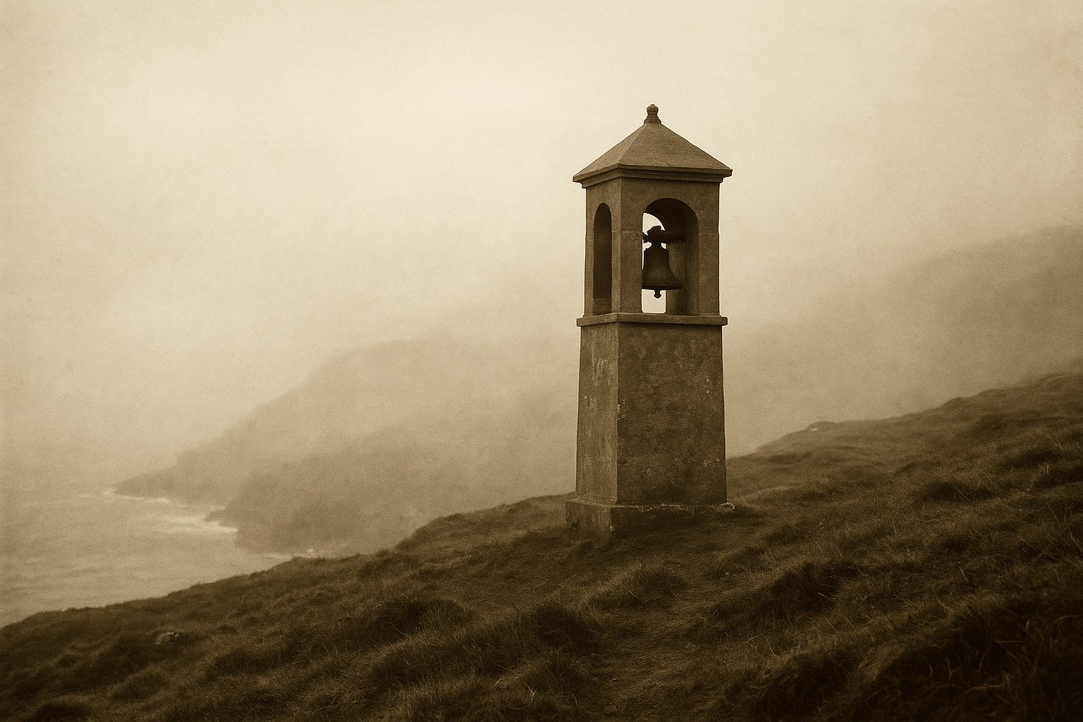 Monochrome-era image of a squat fogbell tower on a grassy coastal ridge with sea mist