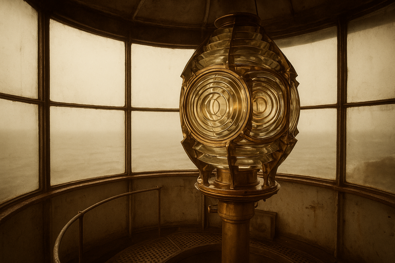 Archival interior photograph of a lighthouse lantern room with brass Fresnel lens and curved windows