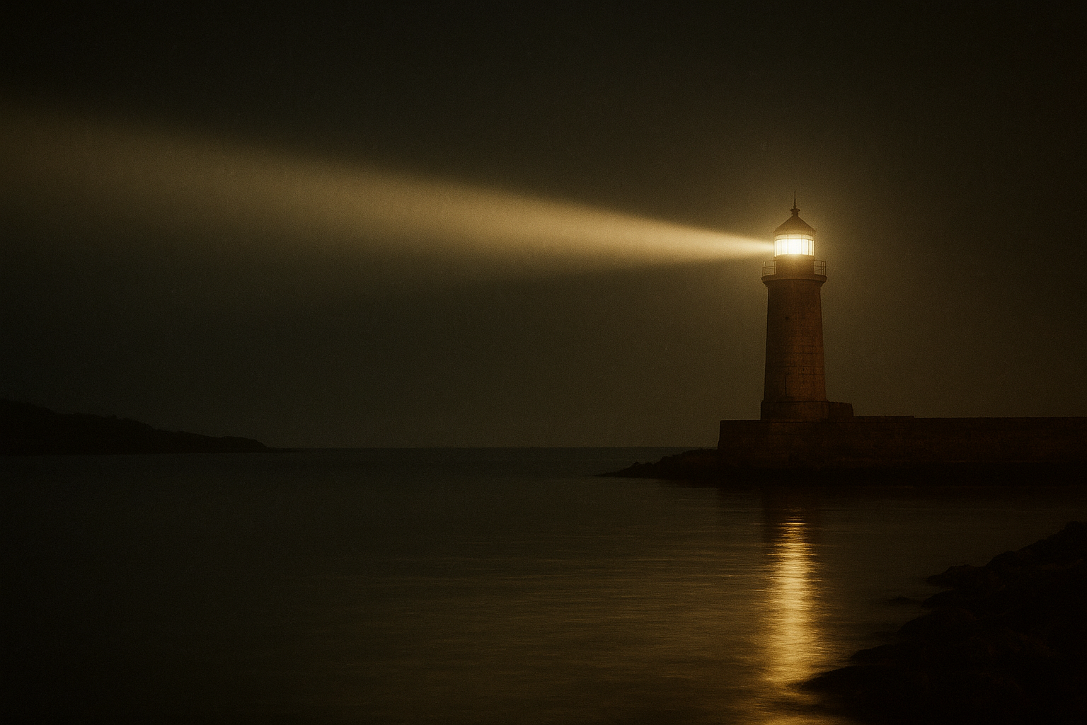 Night exposure archive photo showing lighthouse beam sweeping across harbor approach waters