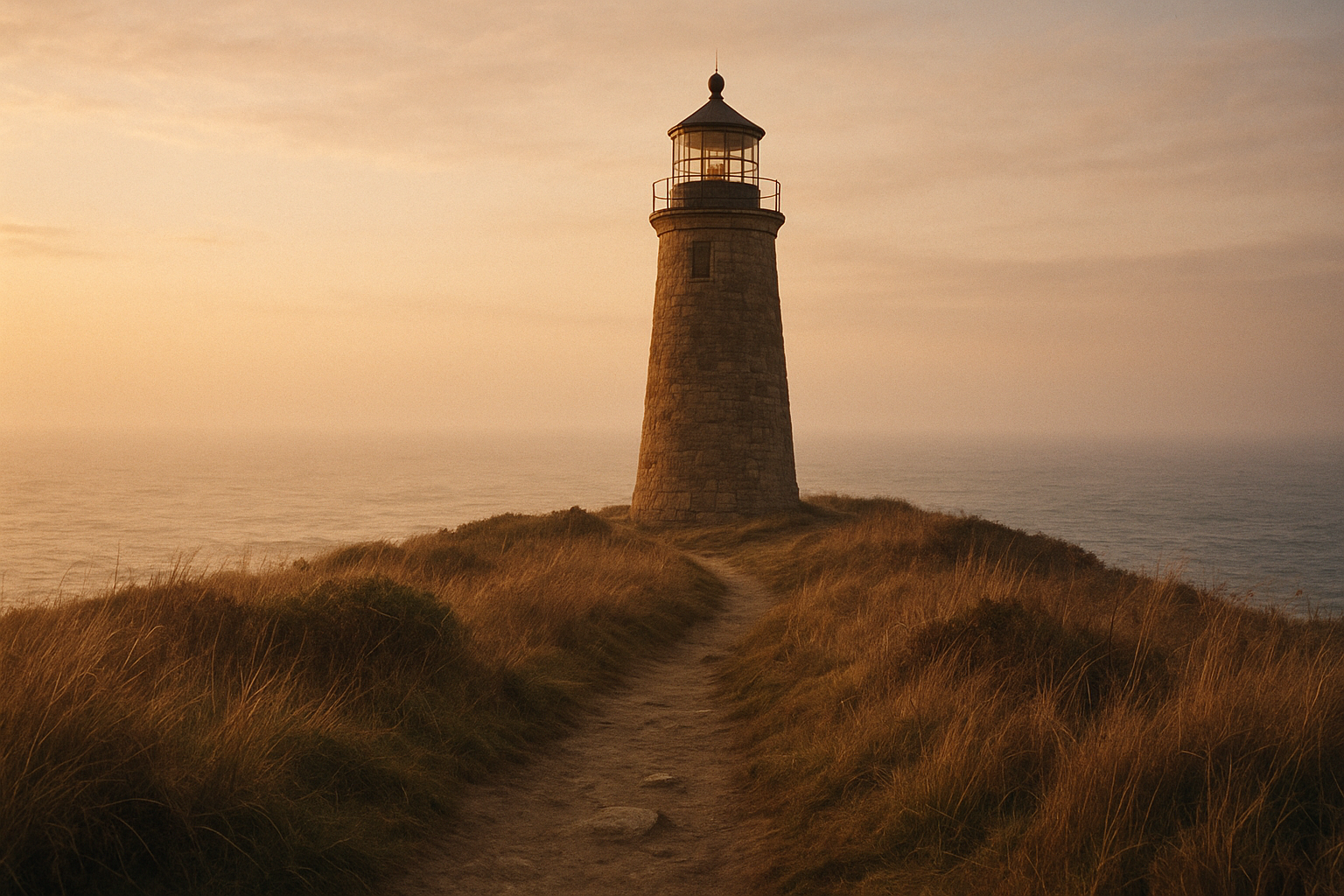 Archival-style photograph of a stone lighthouse on the northern coast at golden dusk, with soft haze over the water and weathered keeper-path foreground