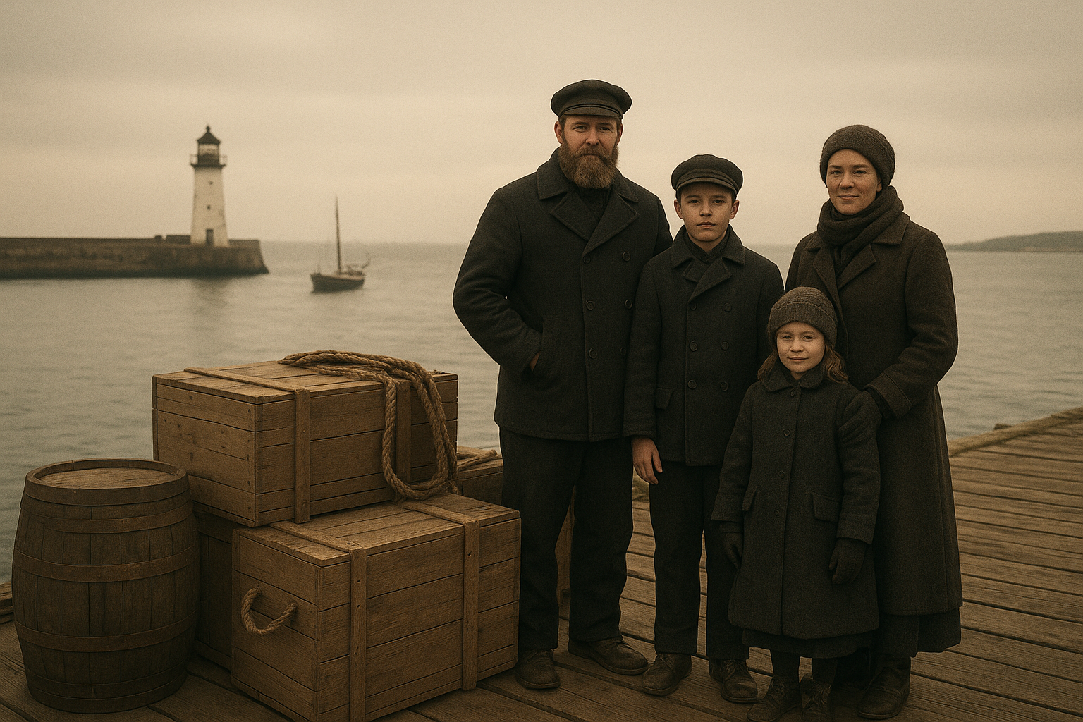 Historic photograph of a lighthouse keeper family standing beside supply crates on a wooden quay