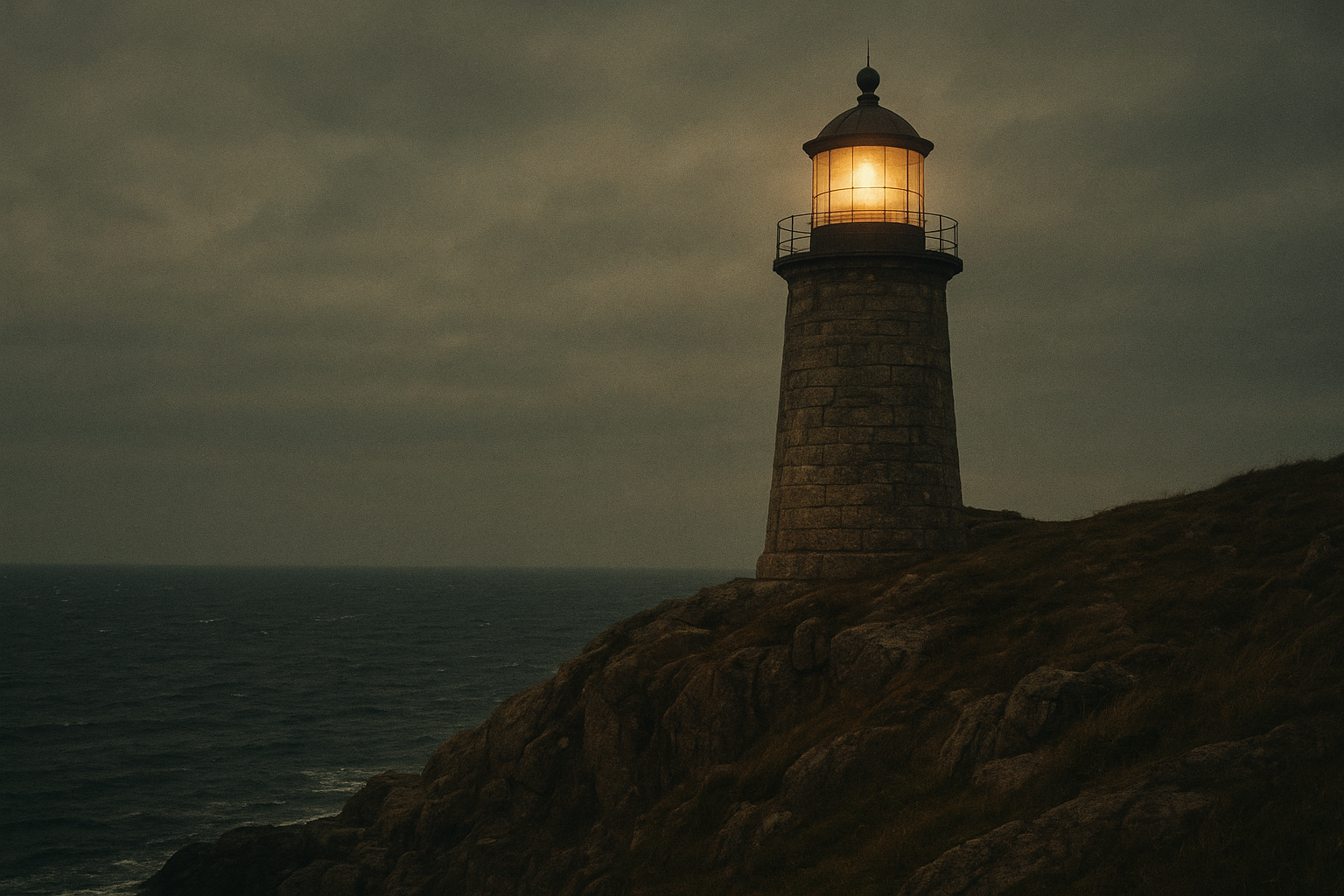 Large archival photograph of a granite lighthouse on a wind-battered cliff at dusk, lantern room glowing over dark water