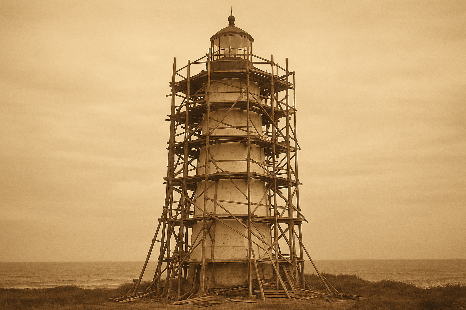 Documentary photograph of a tall white lighthouse wrapped in timber scaffold during restoration
