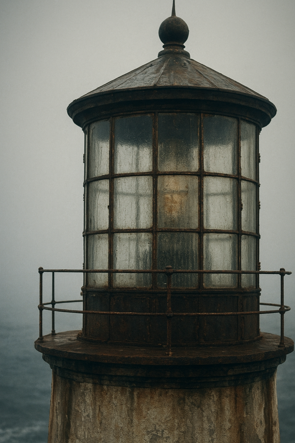 Archival-style photograph of weathered lighthouse lantern glass and salt-worn metal rail against a misty northern coastline