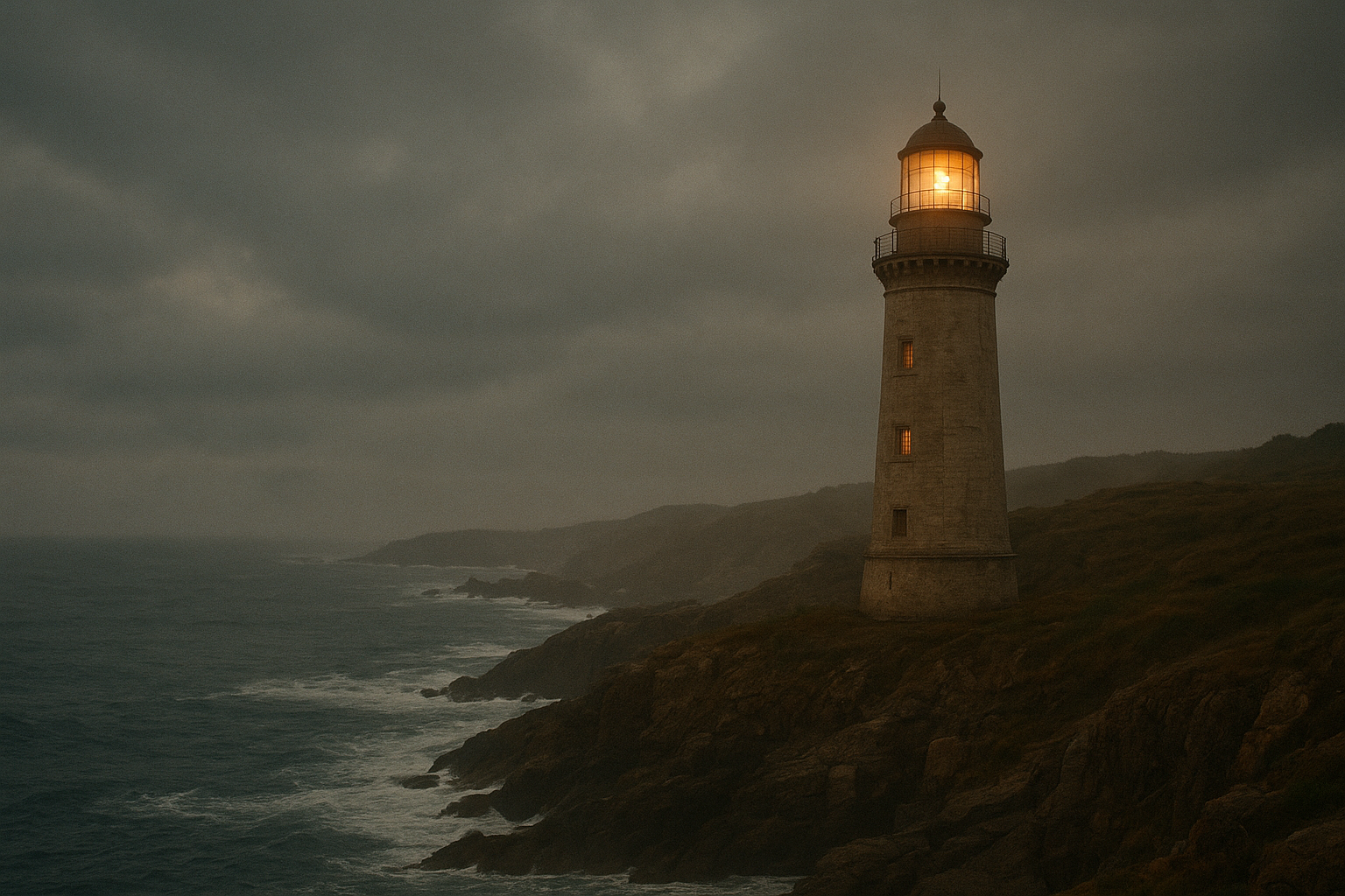 Historic lighthouse on a rugged northern coast at dusk, warm lantern glow through sea mist, long shoreline and waves under a dramatic clouded sky
