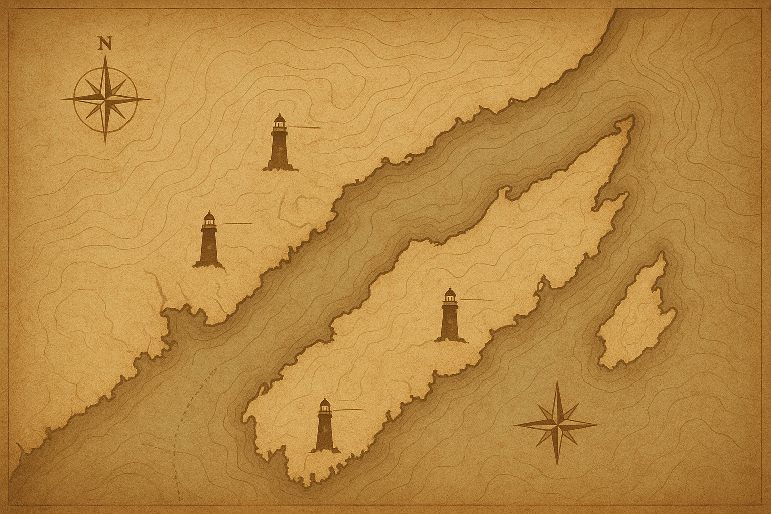 Illustrated reference map of the northern coastline showing preserved lighthouse tower locations, coastal contours, and archival navigation markings