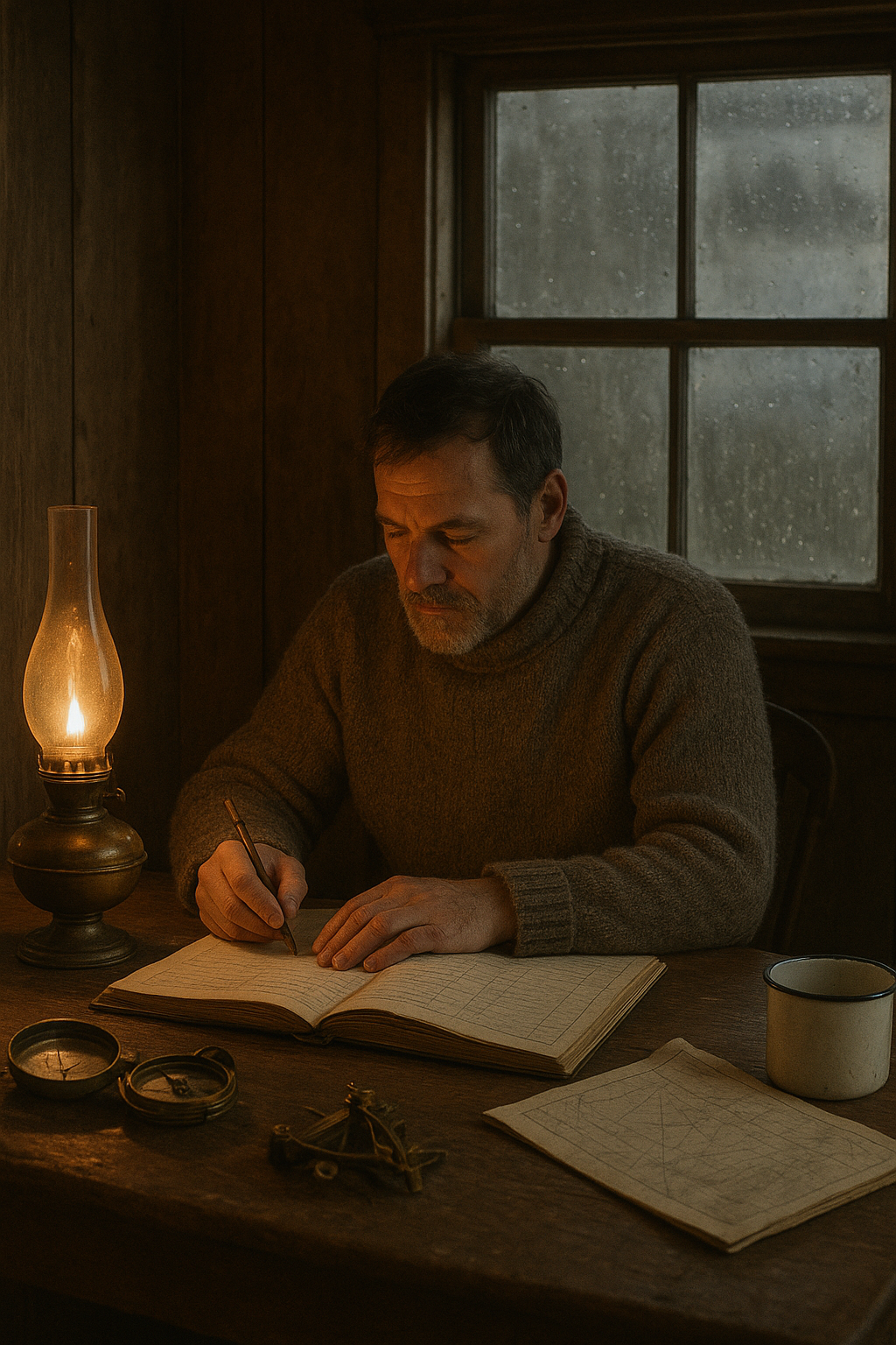 A lighthouse keeper writing evening log notes at a worn wooden desk beside an oil lamp, with rain-streaked windows and brass instruments in the background
