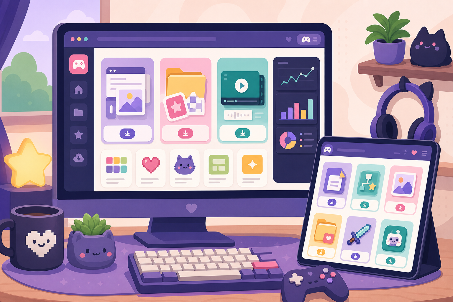 Flat illustration of cozy gamer-inspired digital resources shown on desktop and tablet screens with colorful UI cards, template panels, and icon tiles
