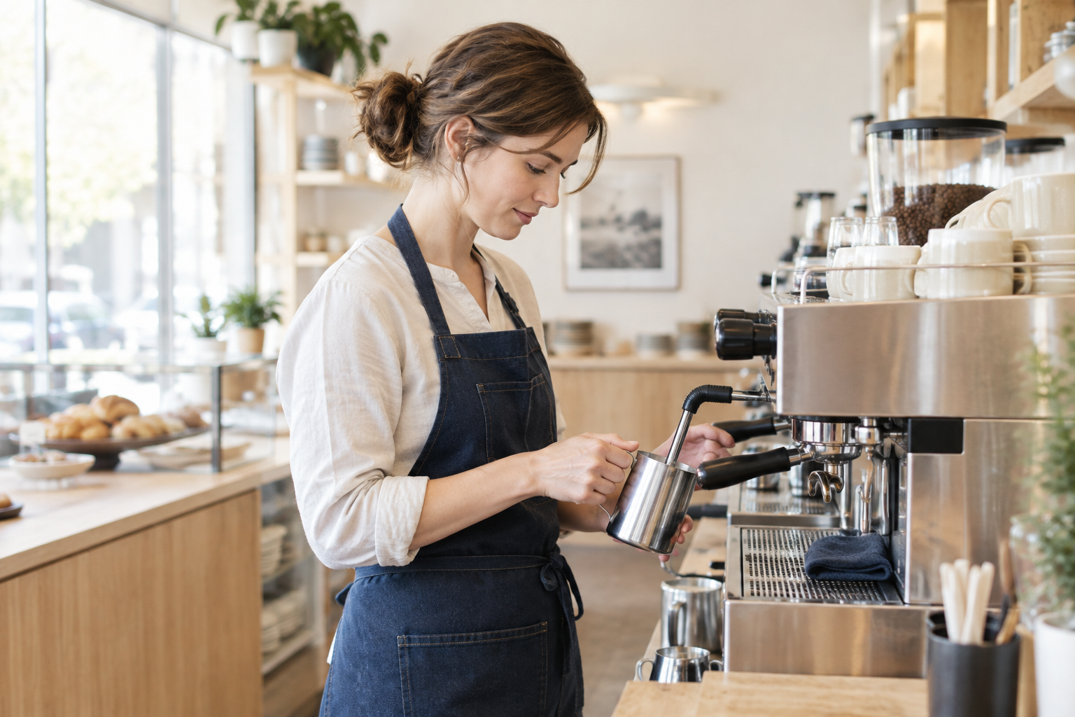 Barista steaming milk at the counter, focused on making a drink in the bright cafe
