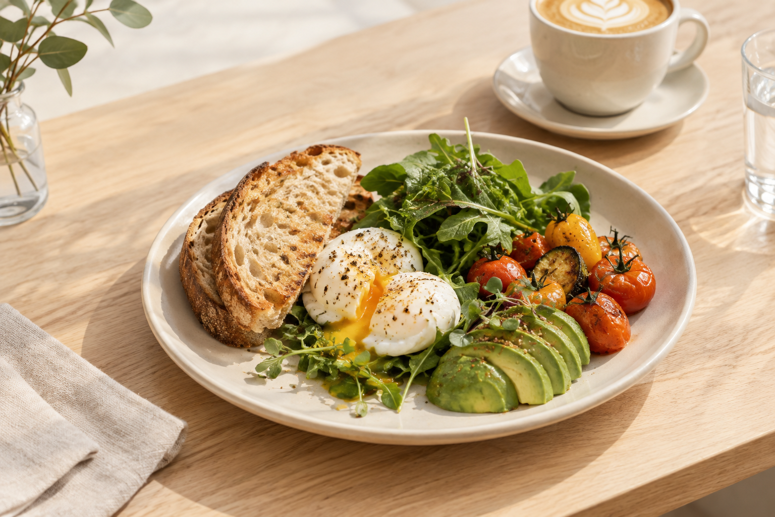Simple breakfast plate with toasted sourdough, soft eggs, greens, and seasonal vegetables