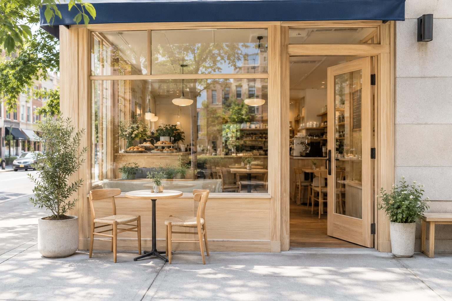 Welcoming neighborhood cafe exterior with large windows and a small sidewalk table