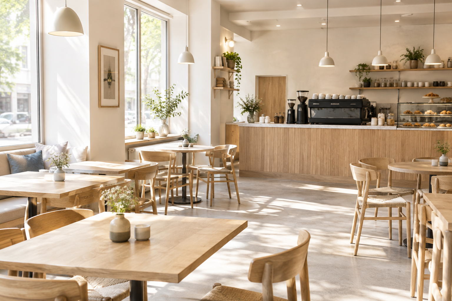 Bright Scandinavian-inspired cafe interior with pale oak tables, simple chairs, and soft morning light