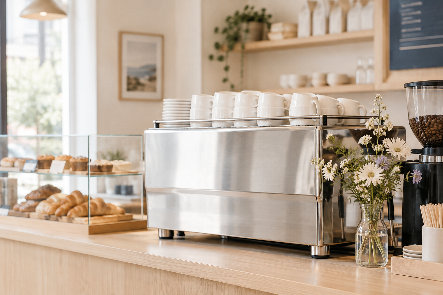 Cafe counter with a brushed metal espresso machine, neatly stacked cups, and a small vase of flowers