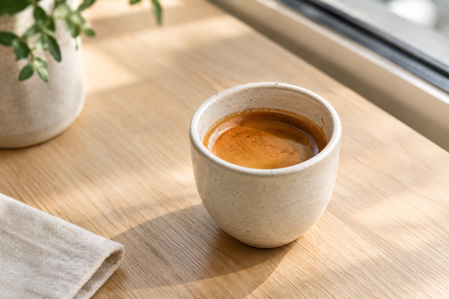 Close-up of a freshly pulled espresso in a small ceramic cup on a light wood counter