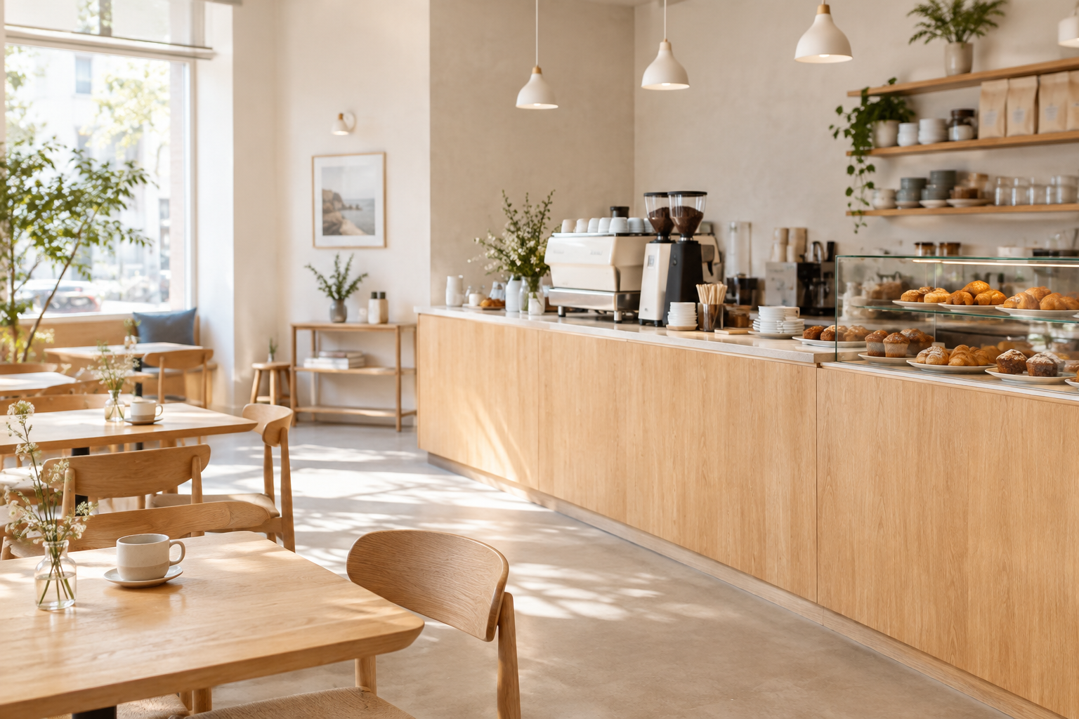 A bright, welcoming neighborhood cafe with pale walls, a light oak counter and tables, soft daylight, and carefully arranged coffee and pastry details.