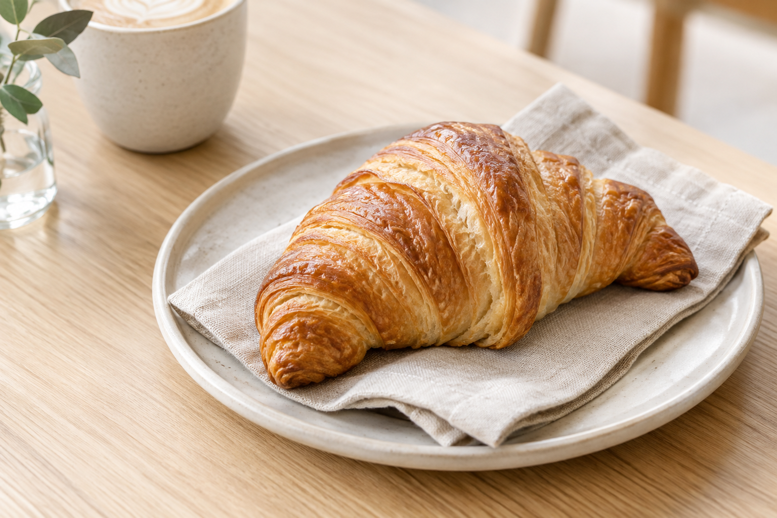 Golden flaky morning pastry on a handmade pale ceramic plate beside a folded linen napkin