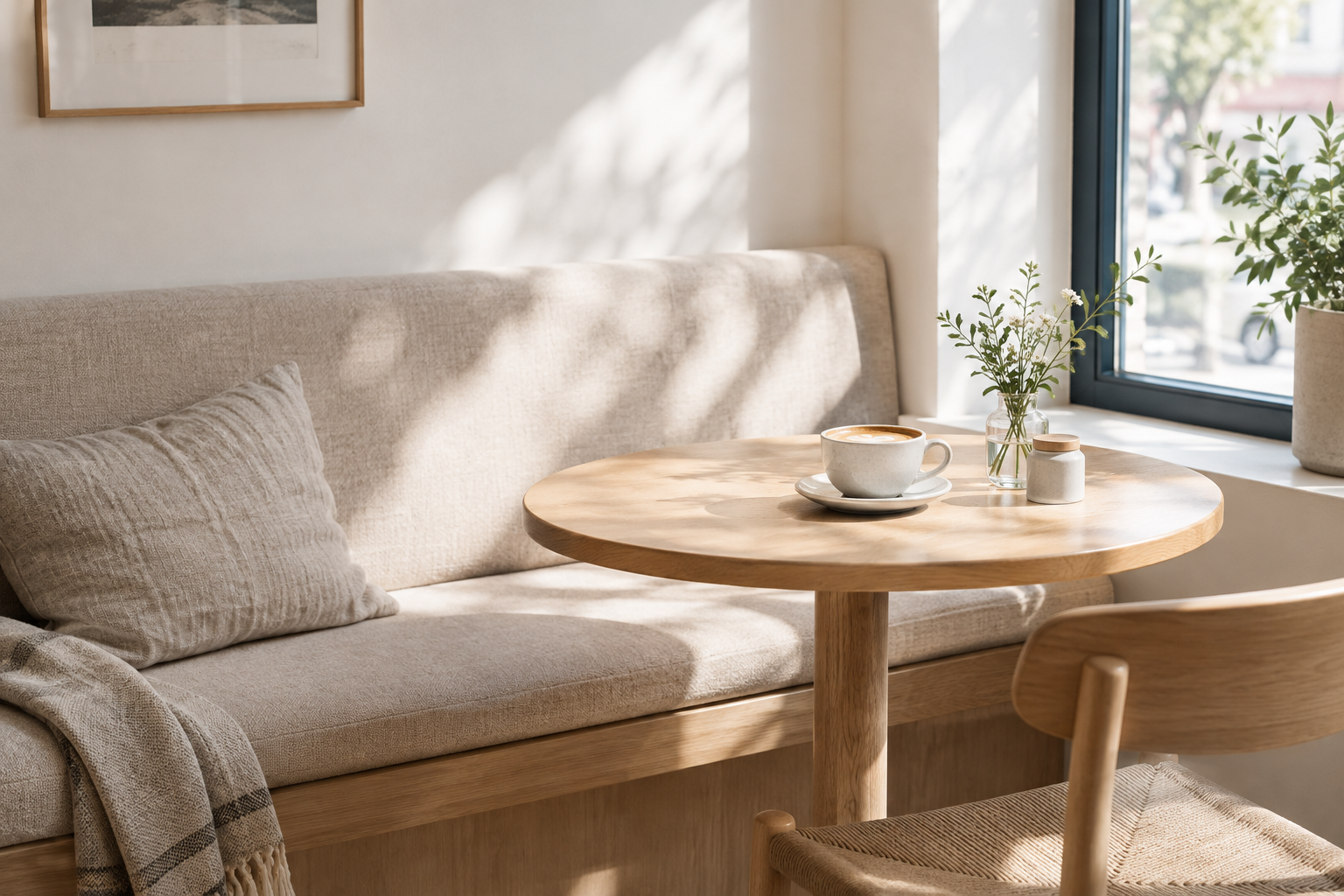 Quiet cafe seating nook with a cushioned bench, round oak table, and warm natural textures