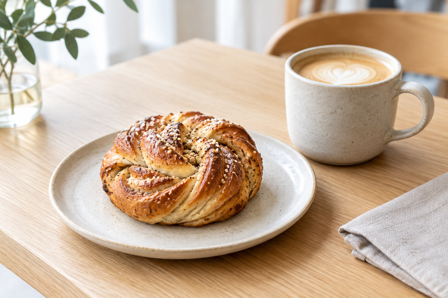 Golden brown butter cardamom bun with citrus sugar on a pale ceramic plate beside a cup of coffee, in soft Nordic cafe daylight
