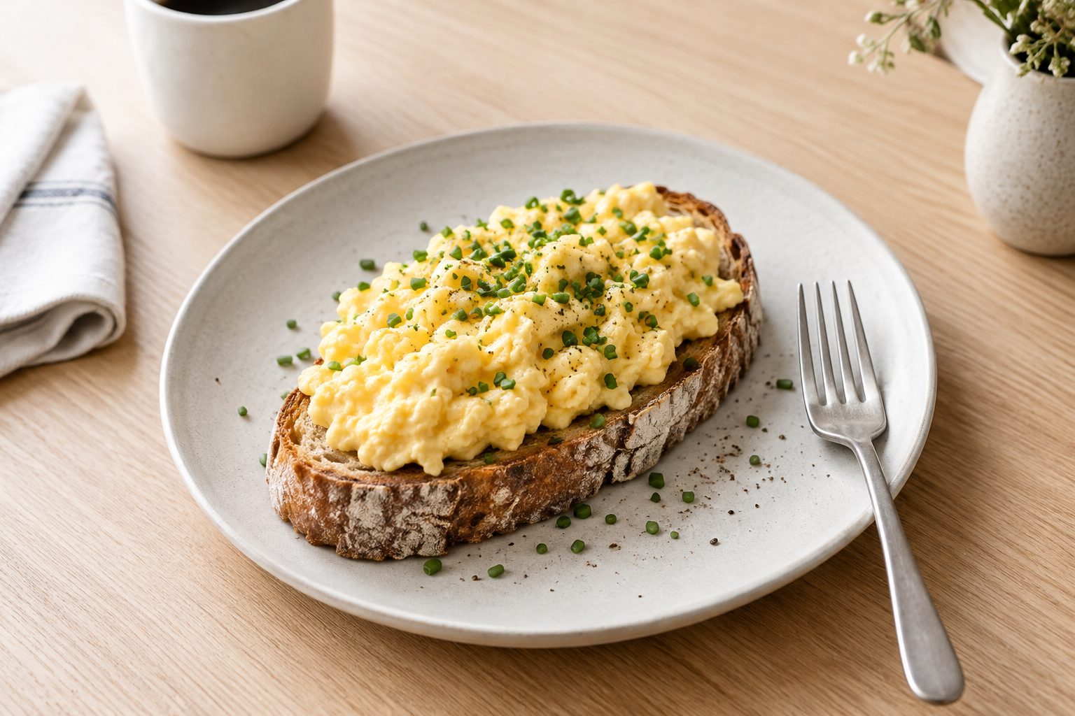 Soft scrambled eggs with fresh chives on thick-cut sourdough toast on a simple ceramic plate