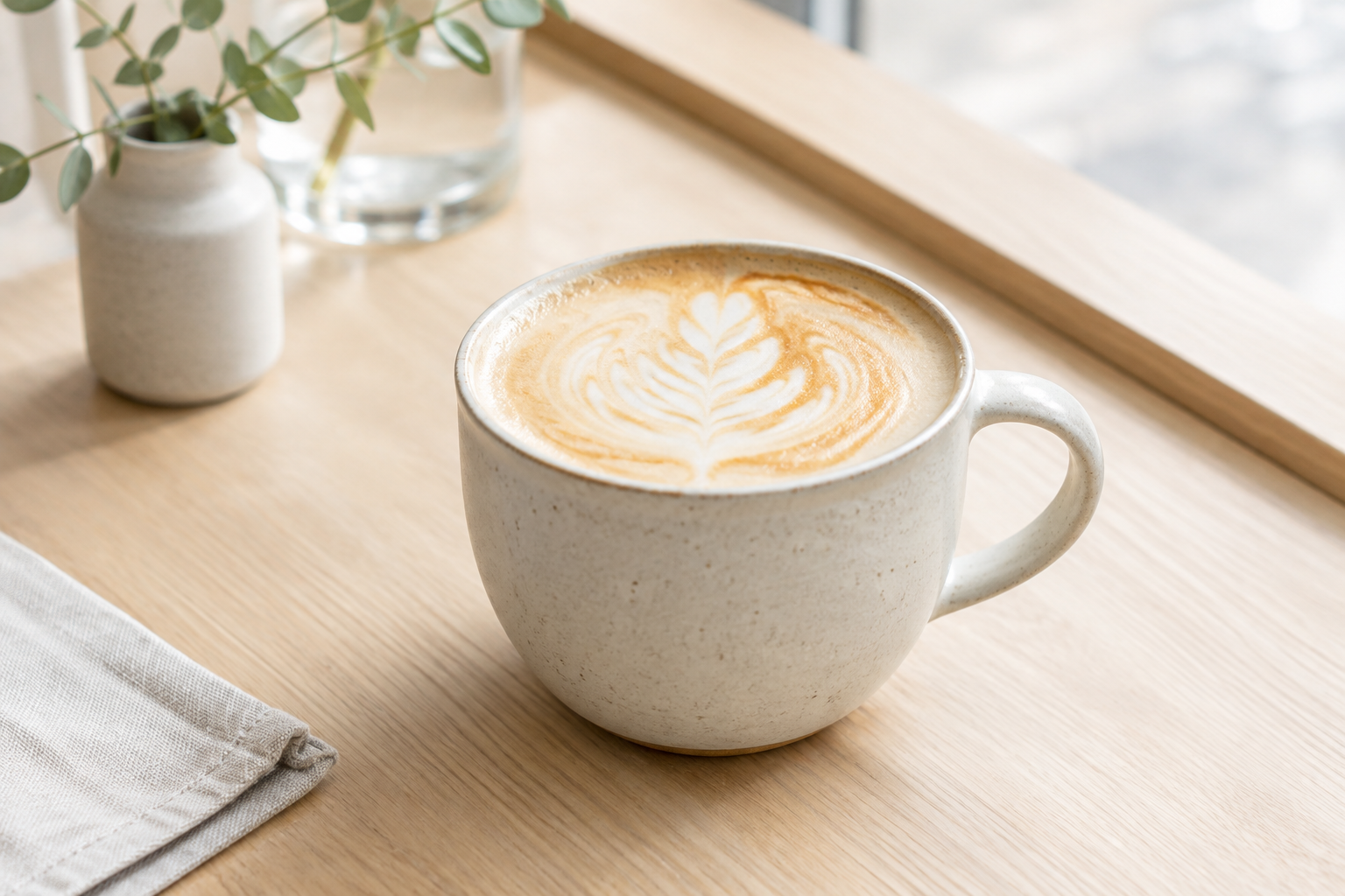 Maple oat latte in a handmade ivory stoneware cup with delicate foam art on a pale wood surface