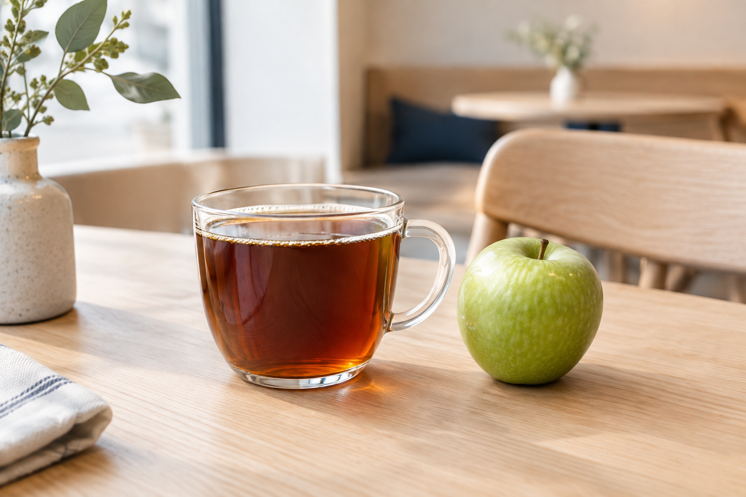Clear glass of light single-origin filter coffee on a pale oak cafe table beside a crisp green apple