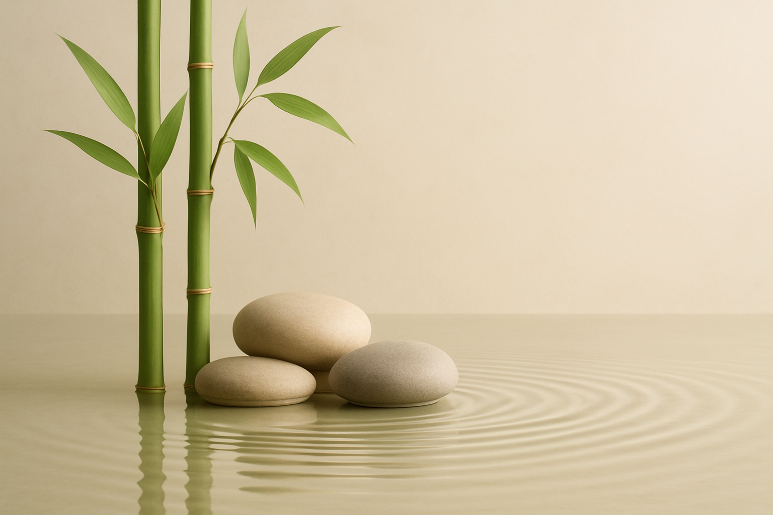 Minimalist bamboo and river stones with gentle ripples