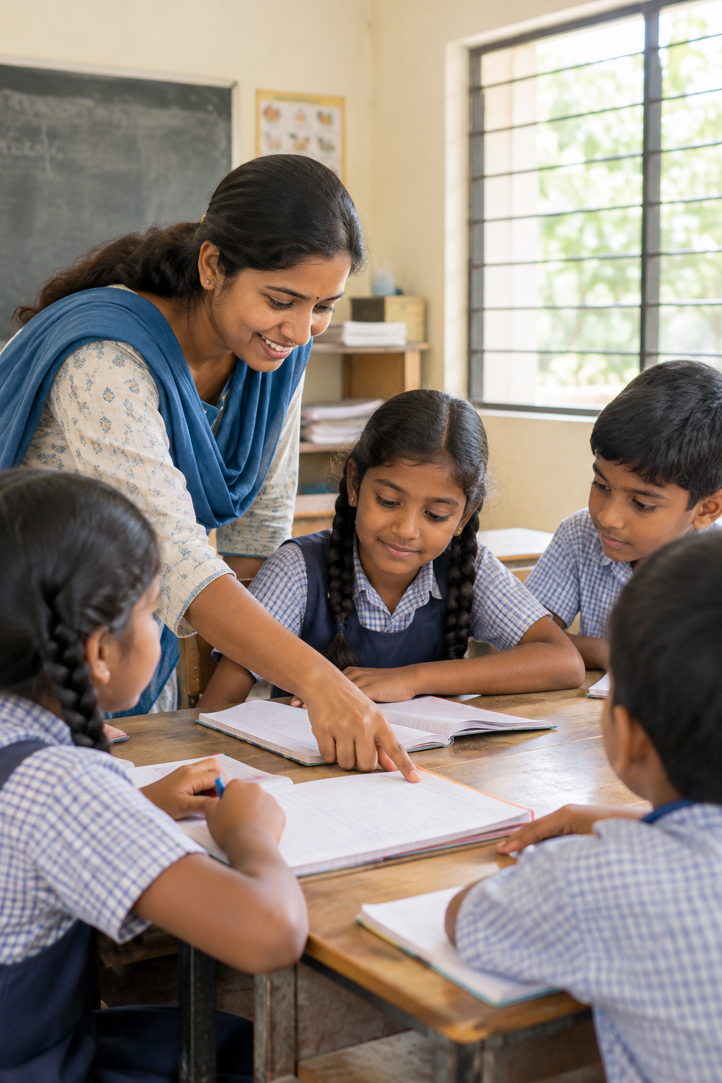 Warm community learning session with children and a local educator in a bright classroom