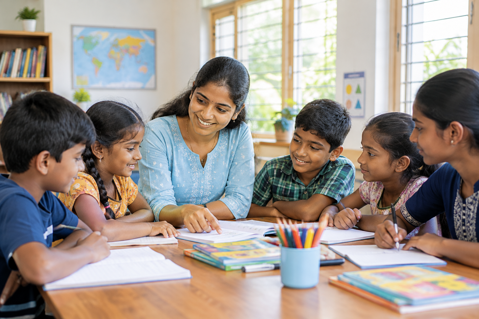 Community educators and children learning together in a bright, welcoming classroom setting