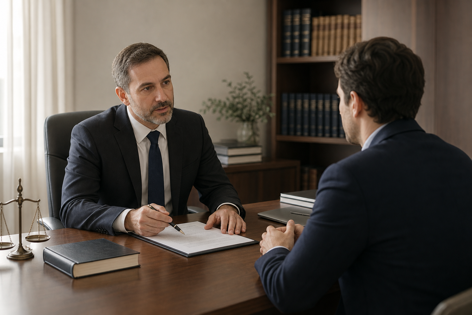 Discreet institutional illustration of a lawyer consulting with a client across a desk in a professional office