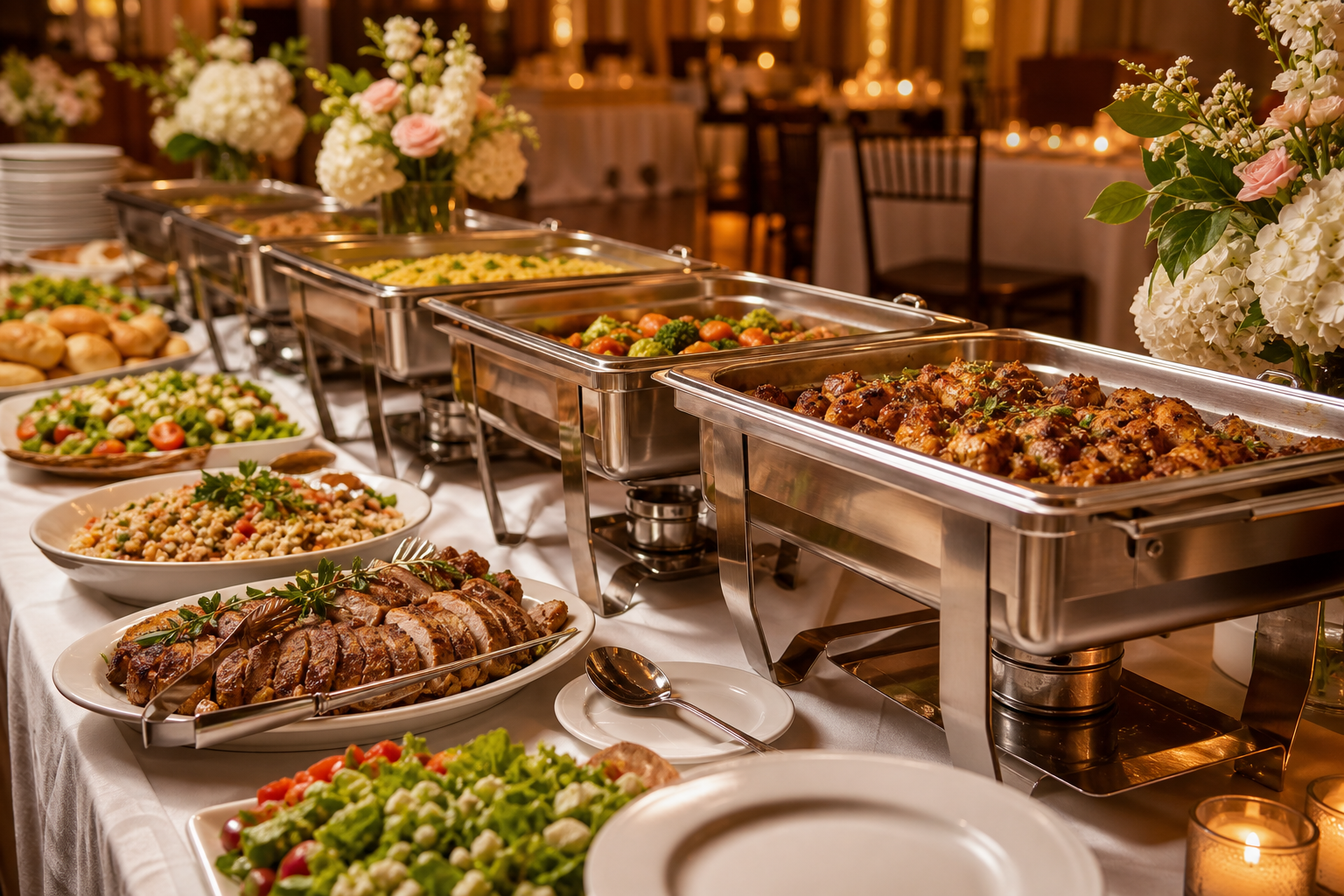 Warmly lit buffet table with chafing dishes, serving utensils, and fresh platters ready for a large event