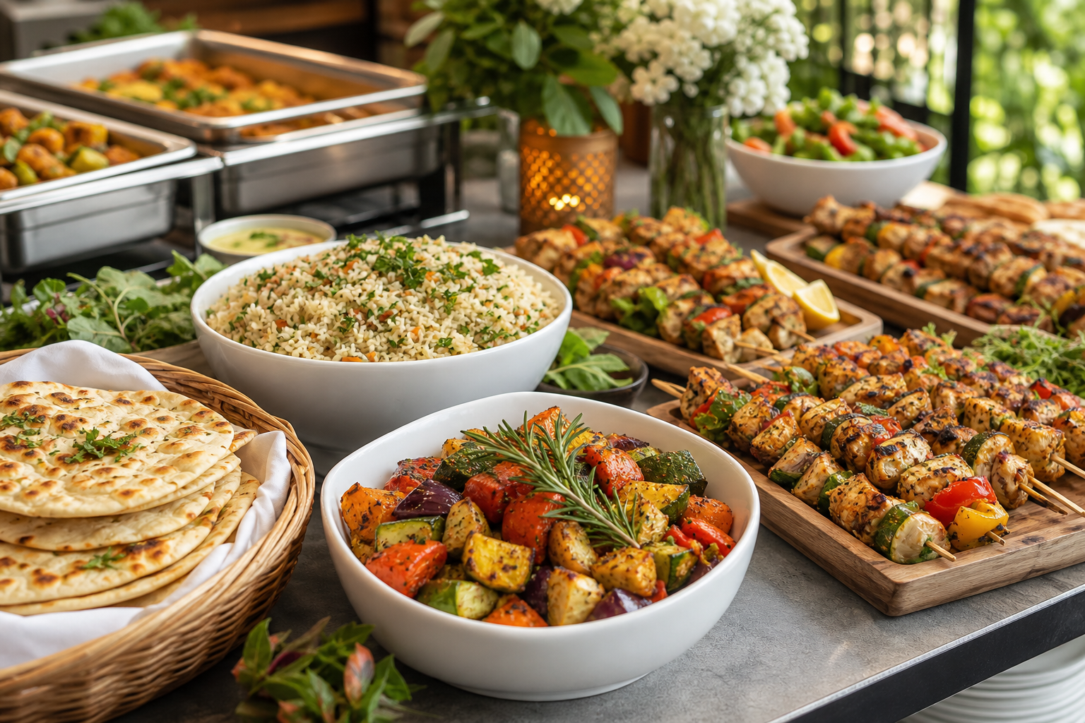 A welcoming buffet spread with roasted vegetables, herb rice, grilled skewers, and warm flatbreads on a modern catering table