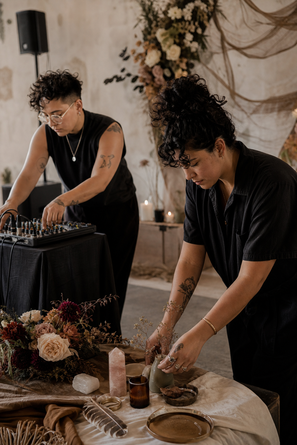 Behind-the-scenes moment of two wedding creatives adjusting ceremony audio and floral ritual objects in warm natural light
