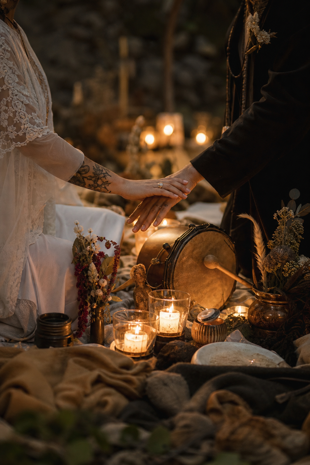 Soulful wedding ritual scene with moving hands, candlelight glow, woven textiles, and ceremonial instruments arranged in an intimate evening setting